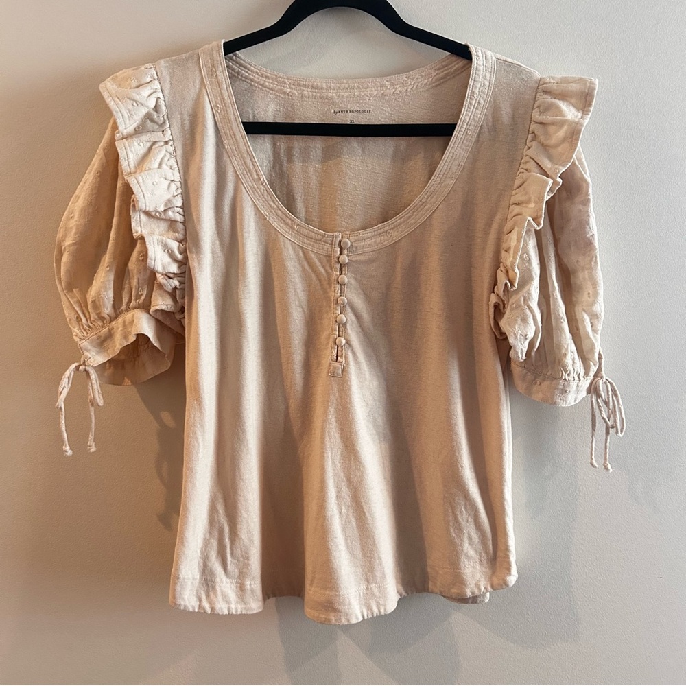 Anthropologie Floral Embroidered Puff Sleeve Blouse Top, Size XL